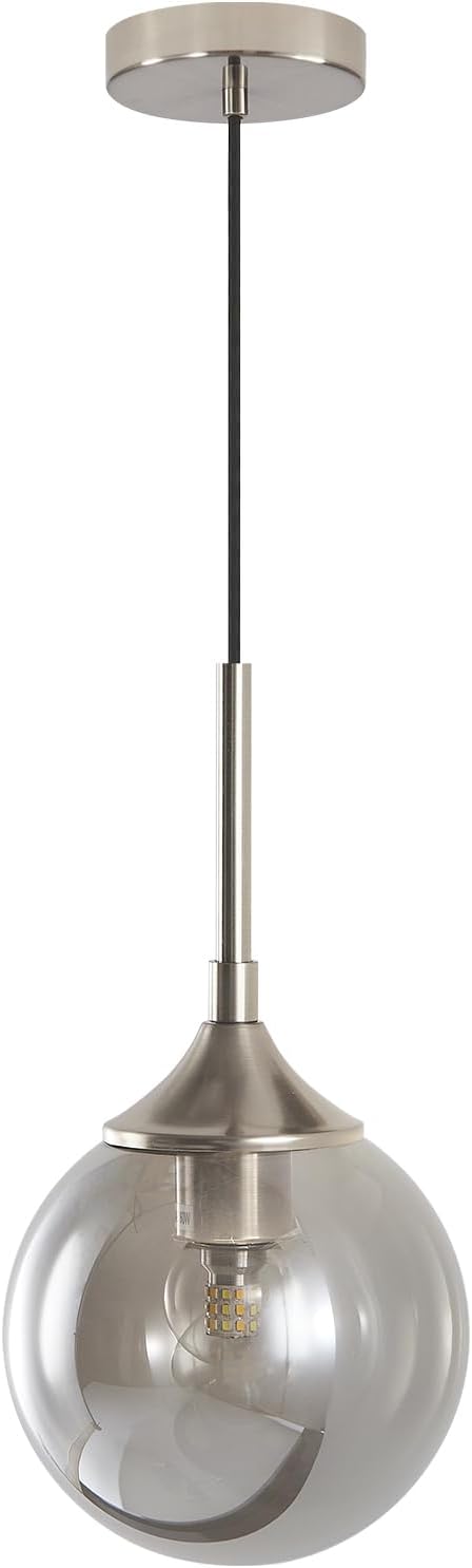 KCO Lighting 7.1” Smoked Glass Pendant Light Single Pendant Light Brushed Nickel Dining Room Light Fixtures Globe Hanging Light Fixture