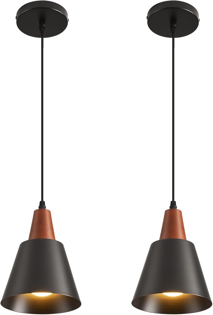 2 Pack Pendant Lights, Black Pendant Lights Kitchen Island,Wood Dome Minimalist Industrial Ceiling Hanging Lights for Kitchen Island, Barn, Dining Room, Living Roo m, Bedroom