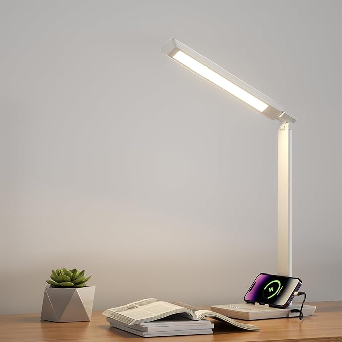 Desk Lamp with USB Charging Port, 14W 900LM Dimmable Eye-Caring Reading LED Desk Light for 9 Brightness Slide Touch & 5 Color Temperature Modes, Home Office Desktop Lamp, Small Study Lamp, White