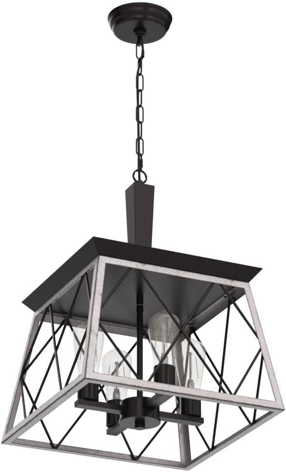 Q&S Farmhouse Vintage Chandelier, Rustic Pendant Light,Industrial Hanging Light Fixture for Dining Room Kitchen Island,Wrought Iron,ORB+Oak White 4 Lights E26 UL Listed