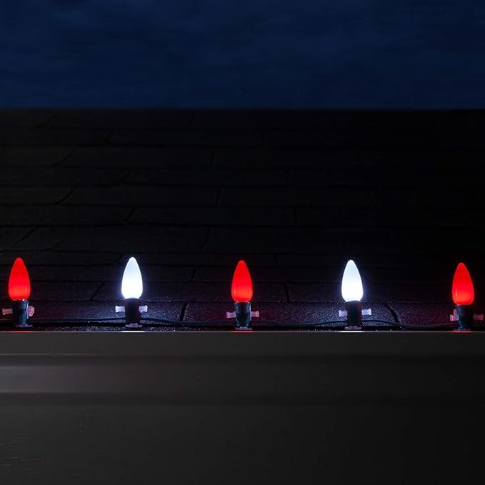 Wintergreen Lighting 100 C9 OptiCore LED Commercial Outdoor Christmas Lights – Heavy Duty Christmas String Lights; Green Wire (100 ft, Red/Cool White Smooth/Opaque)