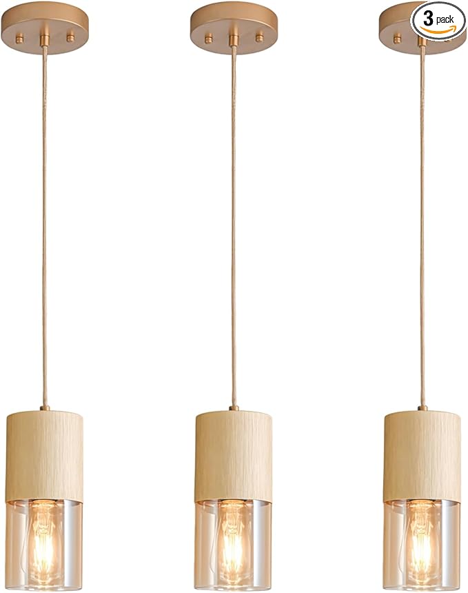 3-Pack Gold Pendant Light Fixtures, Adjustable Modern Pendant Lights for Kitchen Island, Industrial Amber Glass Pendant Lights for Dining Table Hallway Bedroom Living Room