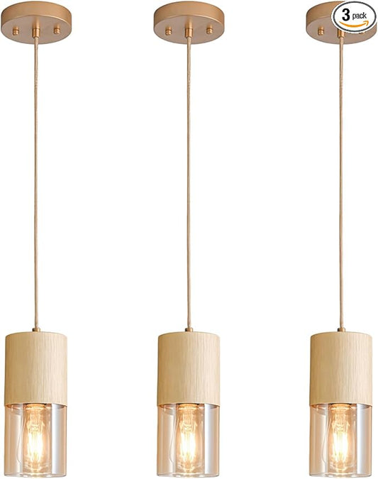3-Pack Gold Pendant Light Fixtures, Adjustable Modern Pendant Lights for Kitchen Island, Industrial Amber Glass Pendant Lights for Dining Table Hallway Bedroom Living Room