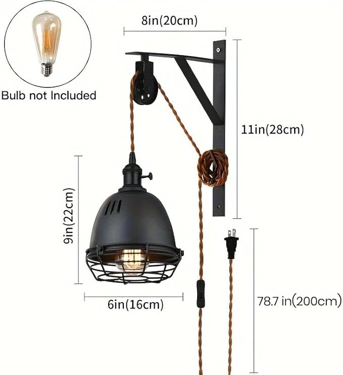 SEEBLEN Vintage Design Industrial Wheel Farmhouse Wall Mount Set of 2,Pulley Wall Pendant Lamp with 7-Foot Brown Plug and Switch, Adjustable Wall Sconce Sand Black Iron Cage Wall Light