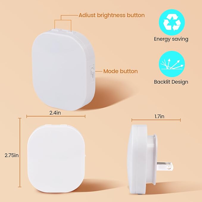 Night Lights with Motion Sensor & Dusk-to-Dawn Sensor, 2 Pack, Backlit Soft White with Adjustable Brightness, Auto-On/Off, for Kids Adults Nursery Bedroom Bathroom Hallway Kitchen