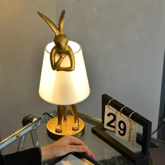 YHT Bunny Table Lamp, Cute Animal Rabbit Lamp,Bunny Lamps,15.7" Vintage LED Desk Light with Linen Lampshade,Gold Main Part Beside Lamp for Bedroom, Study Room, Office, Nursery, Home Decor (White)