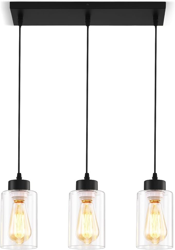 Black Chandelier,Farmhouse Light Fixtures Over Table, Dining Room Light Fixture Kitchen Island Lighting Chandeliers,Modern Pendant Light with Clear Glass Shade,Industrial Hanging Lighting