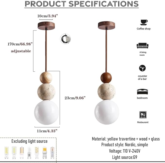 Natural Stone & Wood Pendant Light Fixture | Spherical Milk Glass Hanging Lamp | Modern Organic Ceiling Light | Adjustable Bedside Suspension Light for Dining Room, Kitchen Island, Bedroom(Walnut)