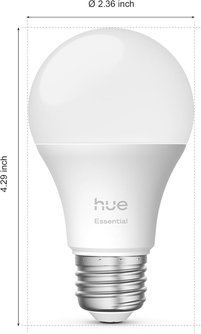 Philips Hue Essential Smart LED A19 Bulb, White and Color Ambiance, E26 Base, 8.8W, 2200K-6500K, 800 Lumens, Dimmable, Works with Alexa, Google, and Apple Home, 2-Pack