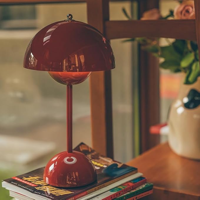 Modern Flower Bud Lamp 12" Cordless Touch Lamp Dimmable 2600mAh Rechargeable Desk Lamp Nordic Minimalist Mushroom Lamp Nightstand Bedside Lamp for Bedroom Living Room(Brown Red) No Reading Light