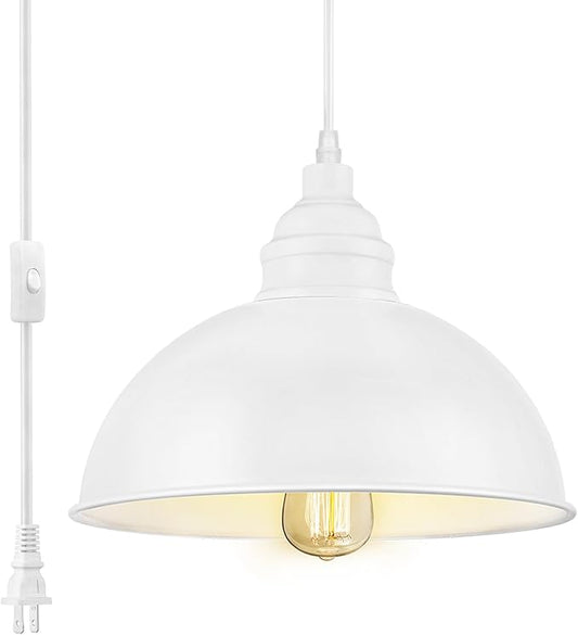 Plug in Pendant Light, 15FT Hanging Lights with Plug in Cord, On/Off Switch, Industrial Pendant Light with Plug in Cord, Metal Hanging Lamps for Living Room, Kitchen, Dining Room-Large White