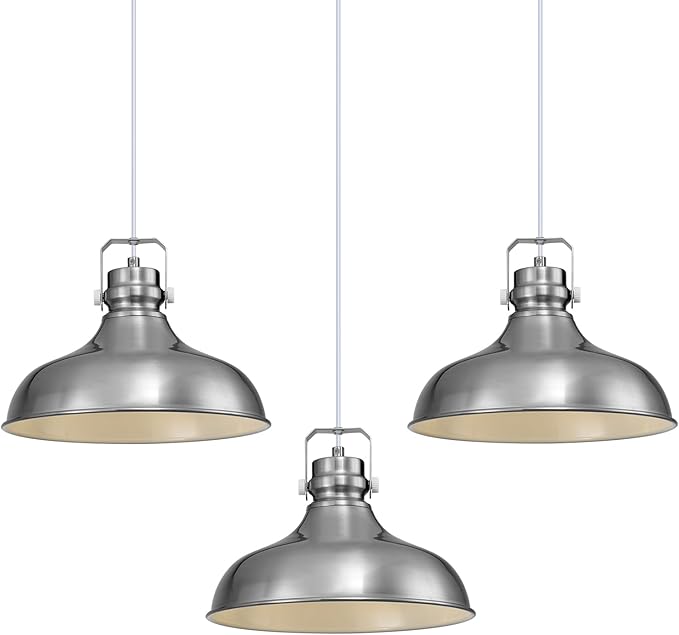 Brushed Nickel Farmhouse Pendant Lights Matte Pendant Lighting for Kitchen Island Industrial Adjustable Height Vintage Dome Hanging Light Fixtures for Barn, Dining Room 3 Packs