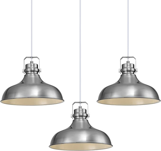 Brushed Nickel Farmhouse Pendant Lights Matte Pendant Lighting for Kitchen Island Industrial Adjustable Height Vintage Dome Hanging Light Fixtures for Barn, Dining Room 3 Packs