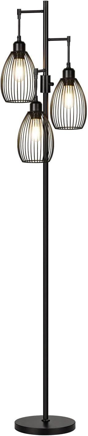 Dimmable Floor Lamp, 3 x 800LM LED Edison Bulbs Included, Farmhouse Industrial Floor Lamp Standing Tree Lamp with Elegant Teardrop Cage Tall Lamps for Living Room Bedroom Office Dining Room-Black