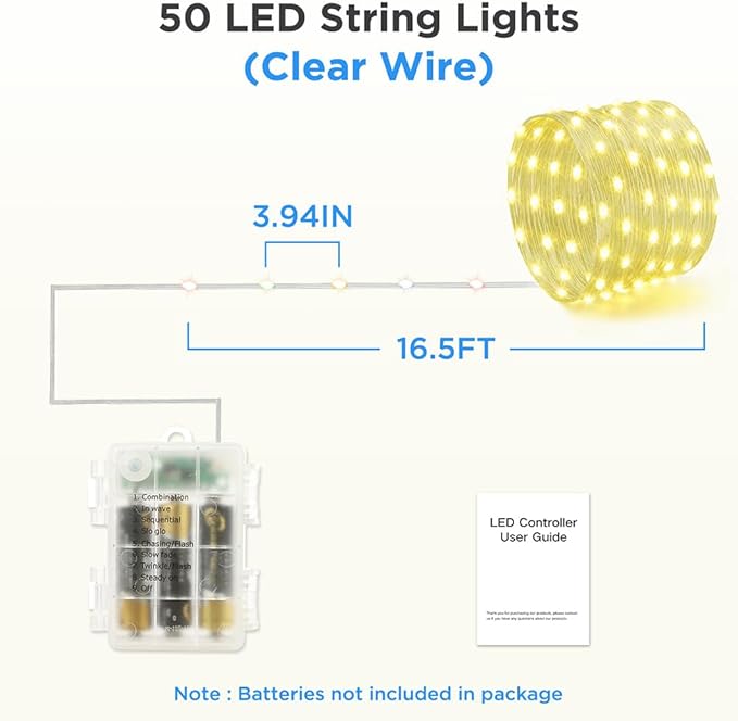 Battery Operated String Lights (1 Pack), 16.5ft 50 LED Twinkle Fairy String Lights Battery Powered with Auto Timer for Indoor Outdoor Christmas Trees Wreath Decoration Party Bedroom Garden Warm White