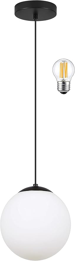 KoKo&Yukina 6-inch mini Modern Globe Pendant Light Opal Glass with Black Finish Contemporary Mid Century Adjustable Hanging Light Fixture for Living Room Bedroom Kitchen (Bulb Incl.)