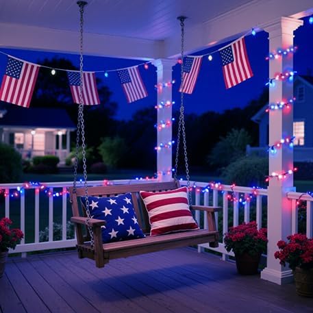 LAMPHOME 99ft 300LED Red White and Blue Patriotic String Lights, 16 Modes Red White Blue LED Lights Plug in, 4th of July Lights Outdoor for Independence Day Memorial Day Patriotic Window Decor