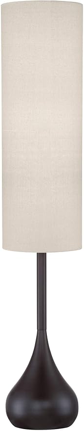 Possini Euro Design Mid Century Modern Retro Floor Lamp Standing 62" Tall Dark Bronze Metal Droplet Off-White Cotton Cylinder Shade Decor for Living Room Reading House Bedroom Home
