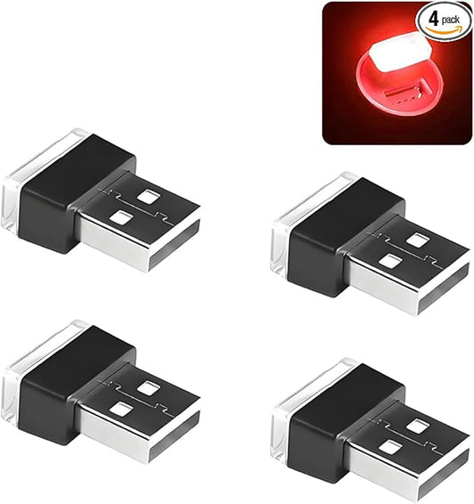 4PCS/Set USB LED Car Interior Atmosphere Lamp, Portable Mini Vehicle LED Night Light, Plug-in USB Interface Automotive Interior Ambient Lighting Kit Accessories, Universal Fit (Red)