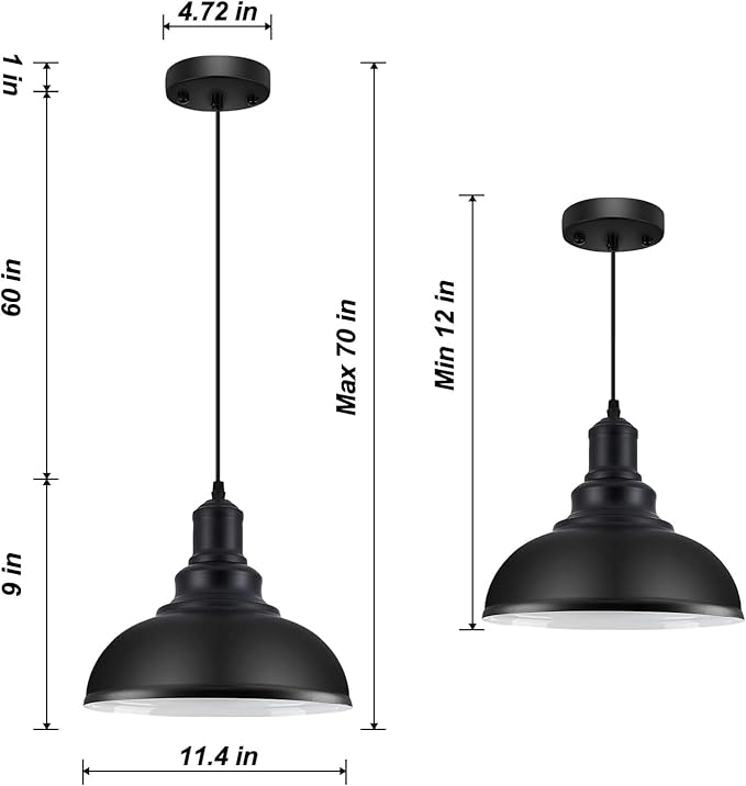 3PCS Pendant Lighting, Vintage Industrial Fixtures, Black Metal Chandelier Lights, Ceiling Lamp for Kitchen Home Island Dining Room Bedroom, 11.4 inches