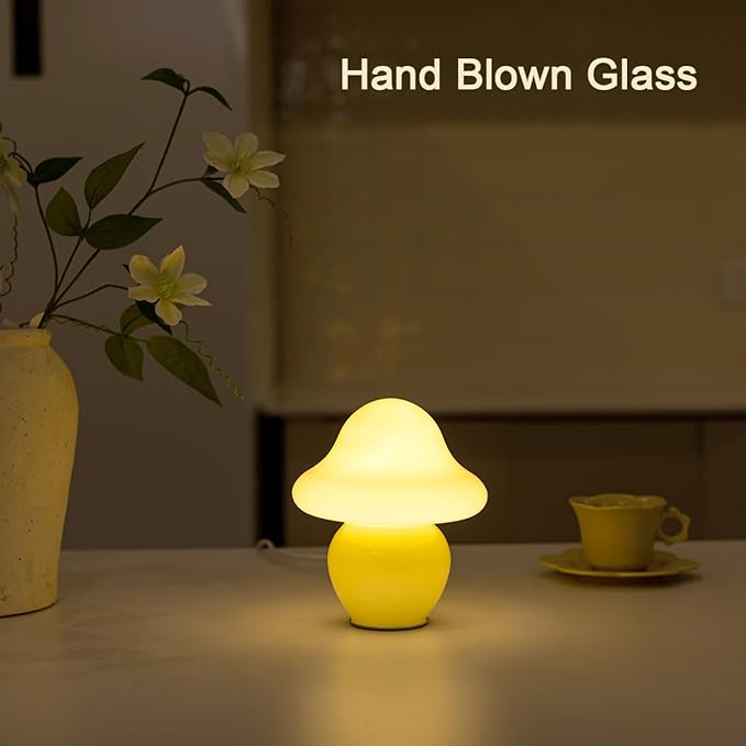Mushroom Lamp White Glass Mushroom Table Lamp for Bedrooms, Living Room, Aesthetic Lamps for Bedroom, Cute Bedside Lamp (Yellow)