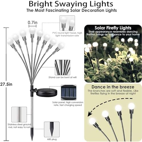 OZS 2 Pack Total 16 LED Solar Garden Lights Fairy Outdoor - Solar Firefly Lights Outdoor, Sway by Wind, Waterproof for Garden Patio Pathway Fairy Decoration (Cold White)