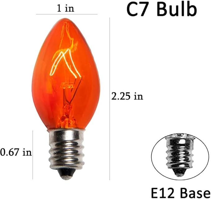 25 Pack C7 Orange Halloween Replacement Bulbs C7 Clear Outdoor String Light Replacement Bulbs, C7/E12 Candelabra Base, 5 Watt