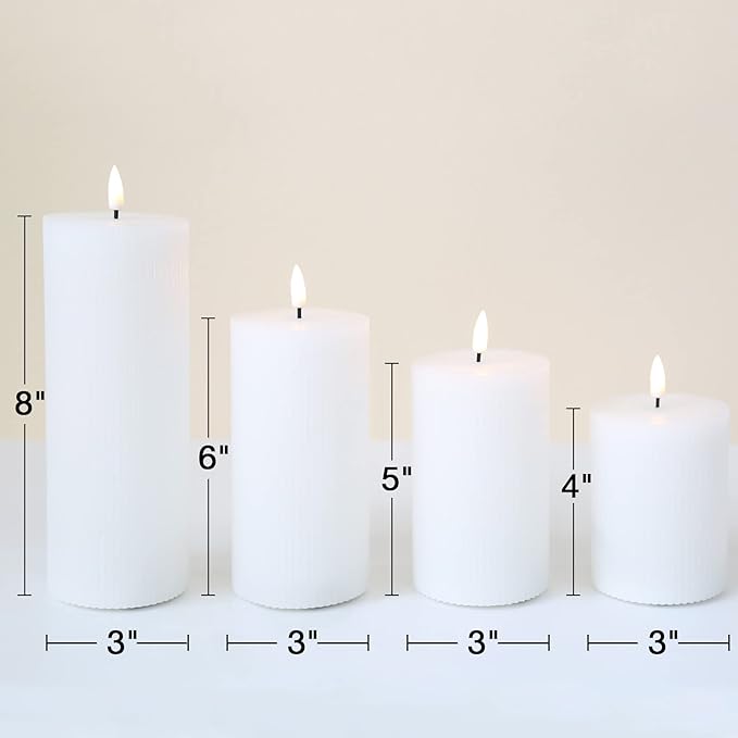 White Ribbed Flameless Pillar Candles with Remote, Flat Top Flickering LED Wax Battery Candles Set of 4, Φ 3" H 4" 5" 6" 8"