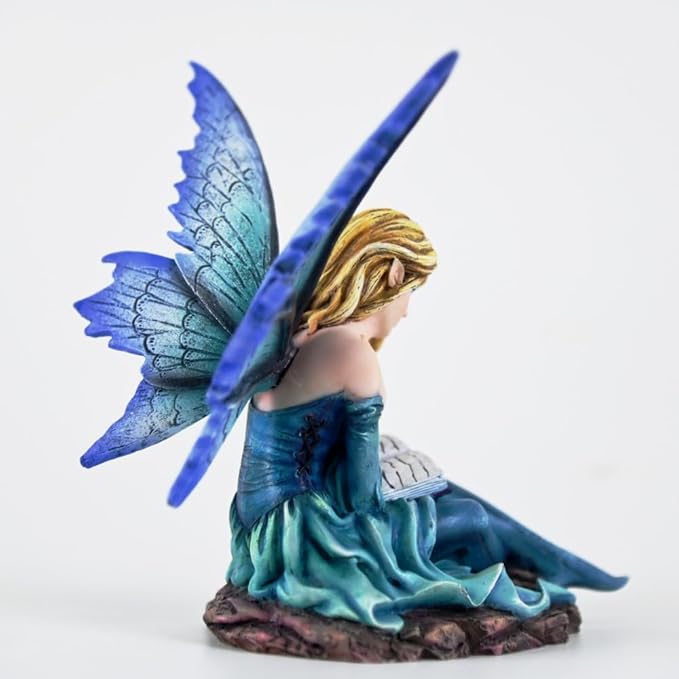 Fantasy Reading Fairy Figurine - Blue Gradient Wings Elf Statue with Book, Cozy Resin Decor for Desk, Study & Fairy Garden (15.5cm)