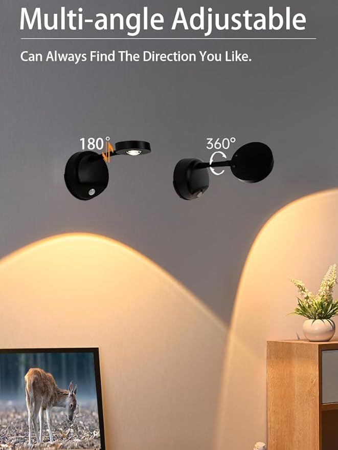 2200mAh Motion Sensor Picture Light, Spotlight Painting, LED Wall Sconce, Night Light Lamp, Rechargeable Battery Operated 3 Color & Dimmable Magnetic 360° Rotation with Remote (Black, 2 Pcs)