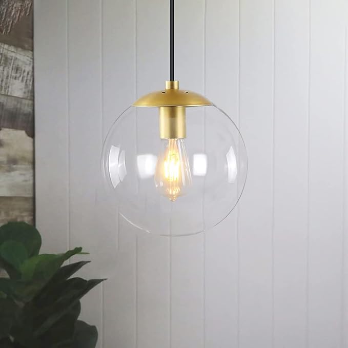 KoKo&Yukina 6-inch mini Modern Globe Pendant Light Clear Glass with Brass Finish Contemporary Mid Century Adjustable Hanging Light Fixture for Living Room Bedroom Kitchen Island (Bulb Incl.)