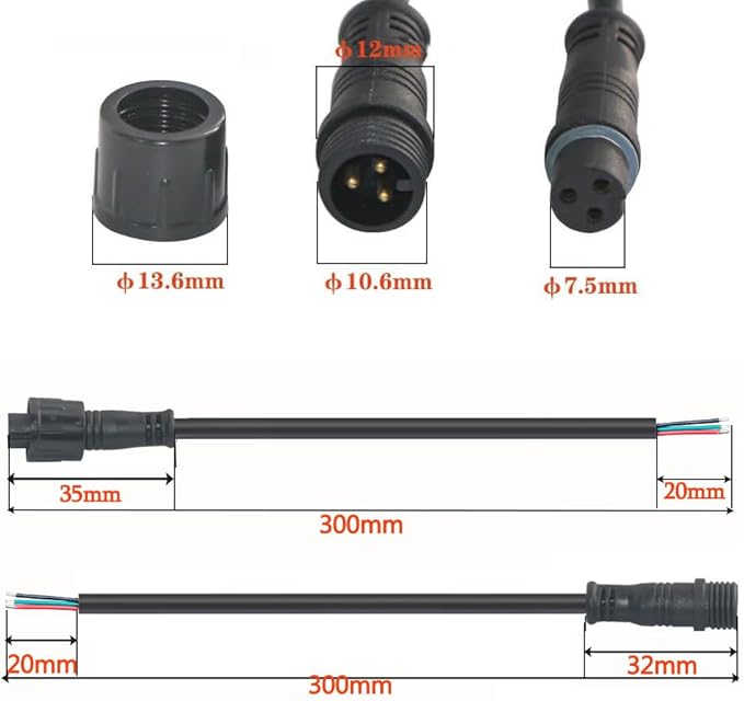 Waterproof Connector 3 Wire,22AWG 3Pin Male Female Plug LED Connector with IP68,30CM Extension Cable for Car,LED Strip Lights(3Pack)