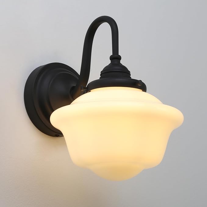 Pathson Vintage Wall Sconce with Milk White Glass, Hardwired Gooseneck Wall Vanity Light Bathroom Sconce Fixture for Living Room, Foyer, Loft, Bedroom, Farmhouse Lamp