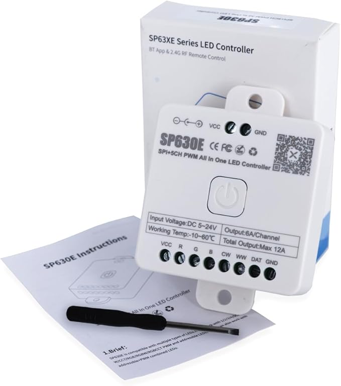 SP630E LED Controller – Bluetooth Led Controller for Single-Color or IC-Driven Strips Control for WS2811/WS2812B/SK6812, PWM SPI-TTL Support (5V-24V Wide Voltage)
