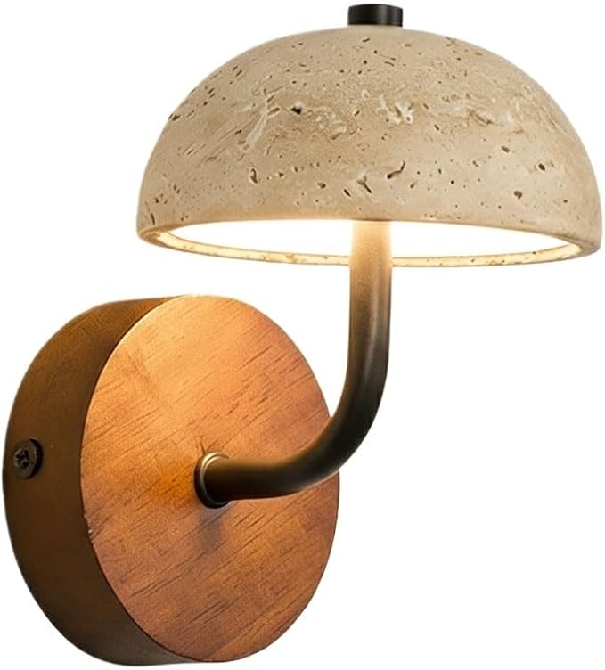Accent Wall Lamp, Mushroom Travertine Wall Sconce, Yellow Stone Half Dome Light with Wood Base and Iron Arm for Bedroom Living Room Hallway Bedside Entryway Decor Home Art Surface