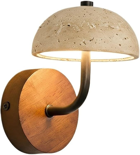 Accent Wall Lamp, Mushroom Travertine Wall Sconce, Yellow Stone Half Dome Light with Wood Base and Iron Arm for Bedroom Living Room Hallway Bedside Entryway Decor Home Art Surface