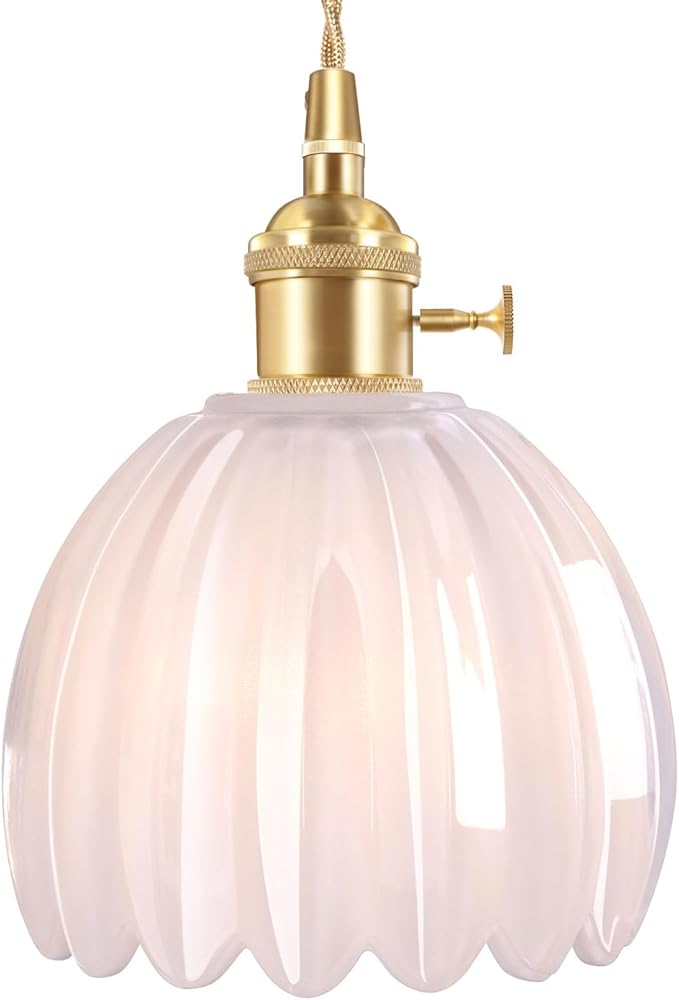 Mini Pendant Light with White Tulip Glass Lmapshade, Brass Vintage Pendant Light Adjustable Hanging Light for Kitchen Island Dining Room Hallway