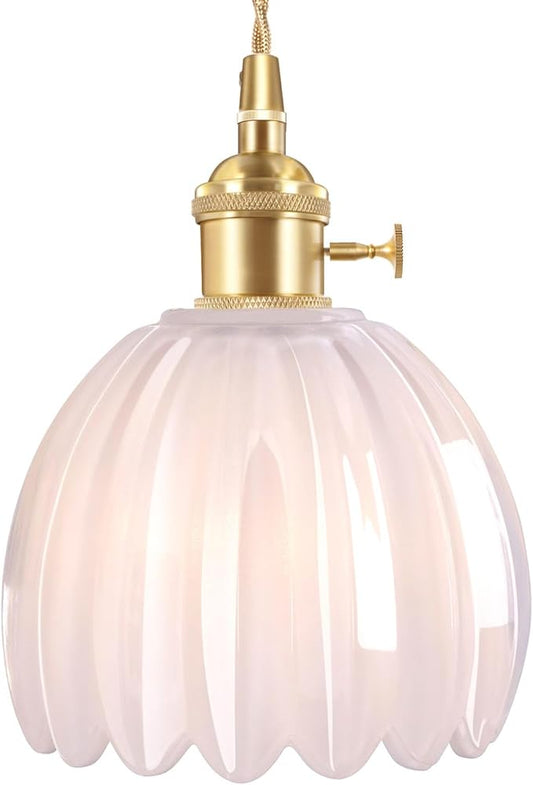 Mini Pendant Light with White Tulip Glass Lmapshade, Brass Vintage Pendant Light Adjustable Hanging Light for Kitchen Island Dining Room Hallway