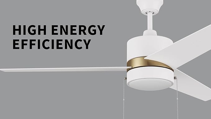 SMAAIR 52 Inch Ceiling Fans with Lights, LED Ceiling Fan with Pull Chain Control, Indoor Ceiling Fan with 3 Blades for Bedroom, Quiet AC Motors, Reversible, White/Gold
