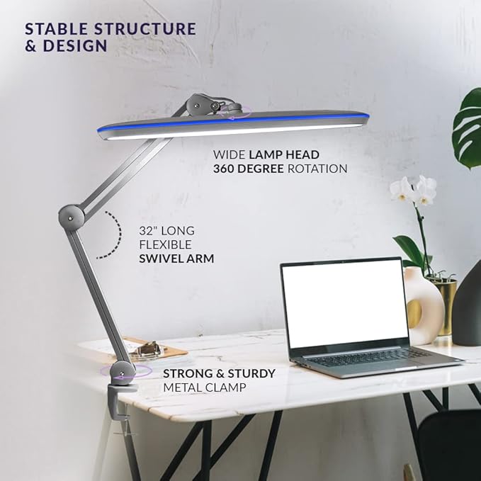 Neatfi XL 2,200 Lumens LED Task Lamp, 20W, 182 SMD LEDs, 23-Inch Ultra-Wide, 4 Brightness Levels, 3 Light Modes, Dimmable, Eye-Caring, Glare-Free (CCT with Clamp, Silver)