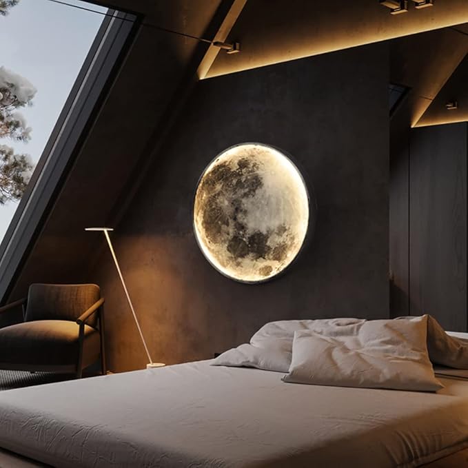 Modern Moon Wall Sconce Lighting, Dimmable Nightlight with Remote Control, Plug in Wall Lamp, Decorative Moon Light for Nursery Bedroom Living Room (11.8 inch)