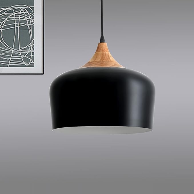11.8 inch Black Industrial Pendant Light, Adjustable Wood Ceiling Hanging Lighting with Dome Metal Shade,Farmhouse Minimalist Lamp for Kitchen Island,Dining Room,Bar, Bedroom,Hallway