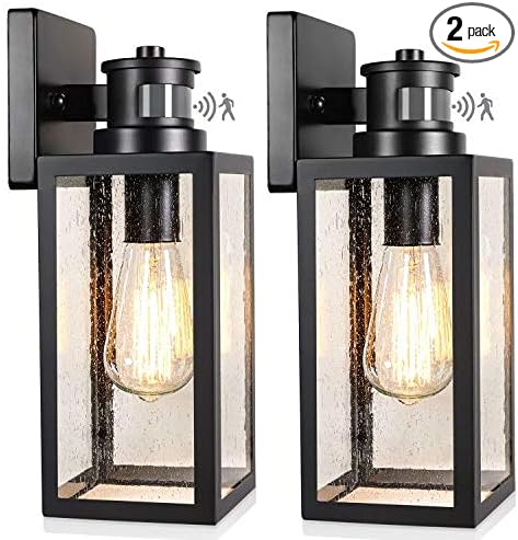 2-Pack Motion Sensor Outdoor Wall Lights, Upgraded Dusk to Dawn Exterior Wall Sconces Lanterns with Seeded Glass, Porch Light Fixtures Outside Lights for House Front Door Entryway Garage, Black