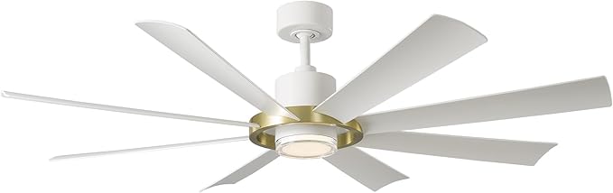 Modern Forms Aura Indoor and Outdoor 8-Blade 60in Smart Ceiling Fan in Matte White Soft Brass Ring with 2700K-3000K-4000K-5000K Selectable LED Light Kit and Remote Control works App