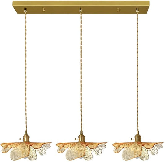 Mid Century Modern Chandelier 3 Light Glass Pendant Lights with Hand Blown Amber Glass Shade Brass Pendant Light Farmhouse Gold Adjustable Hanging Light for Kitchen Dining Room Bedroom