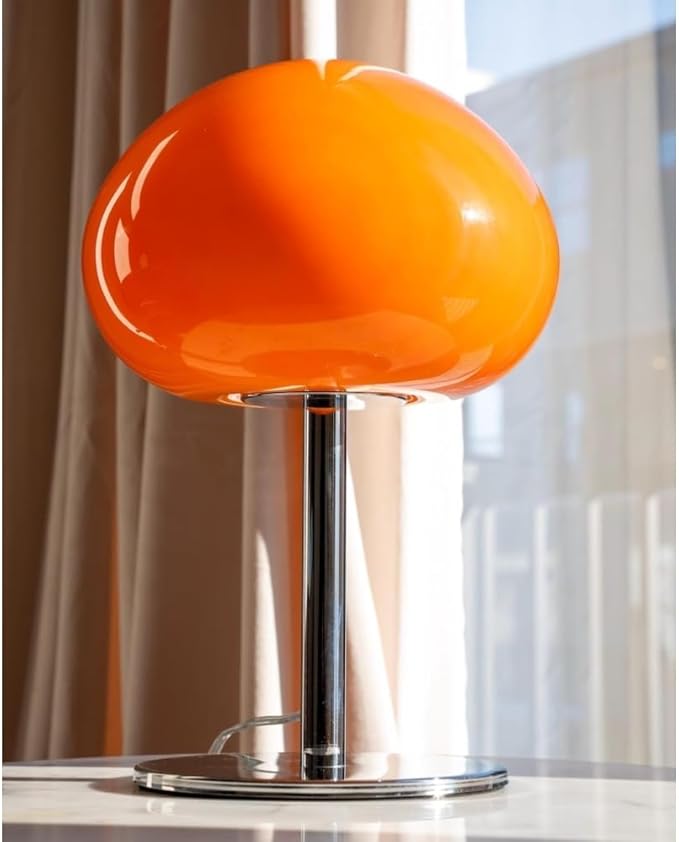 Mid Century Table Lamp, Orange Glass Mushroom Lamp, Dimmable Retro Accent Lamp, 13.5" Sculptural Vintage Style Lighting for Bedside, Shelf, Console, Warm Nostalgic Glow