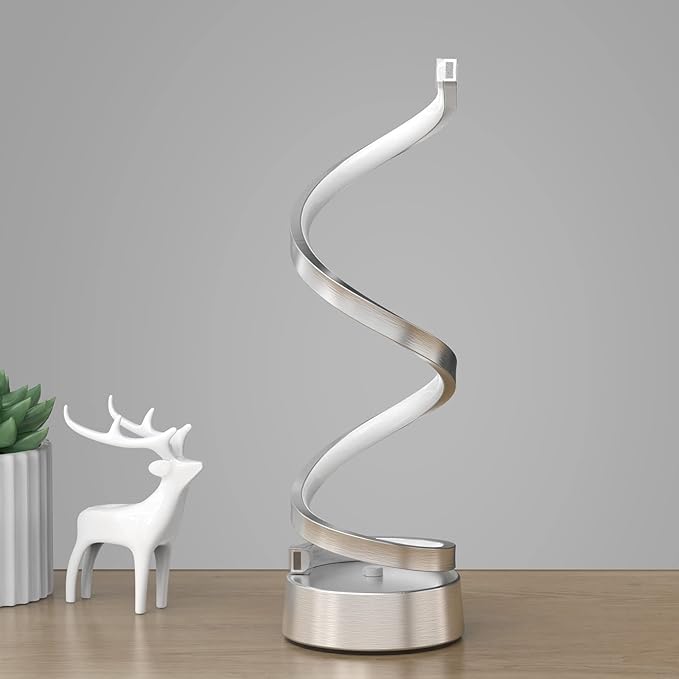NUÜR Infinity Spiral LED Table Lamp, Dimmable Metallic Bedside Lamp with Touch Controller, 3 Colour Temperature, 15.8 Inch Height, Decorative Lamp for Home, Living Room & Office (Silver)