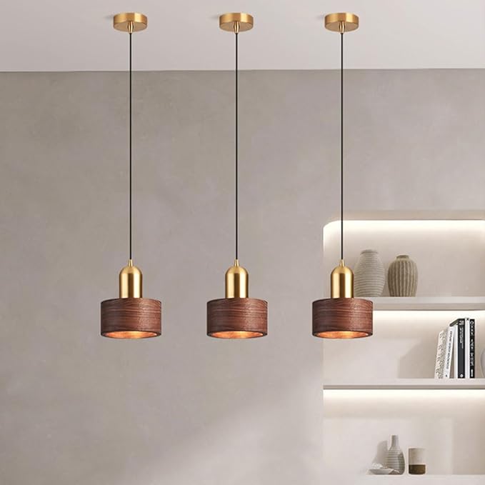 Modern Pendant Light Walnut Wood Pendant Light Fixture Scandinavian Gold Finish Adjustable Hanging Lamp Farmhouse Mid Century Vintage Chandelier for Kitchen Island Dining Room Office Bedroom