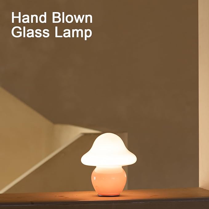 Mushroom Lamp Pink Glass Mushroom Table Lamp for Bedrooms, Living Room, Aesthetic Lamps for Bedroom, Cute Bedside Lamp