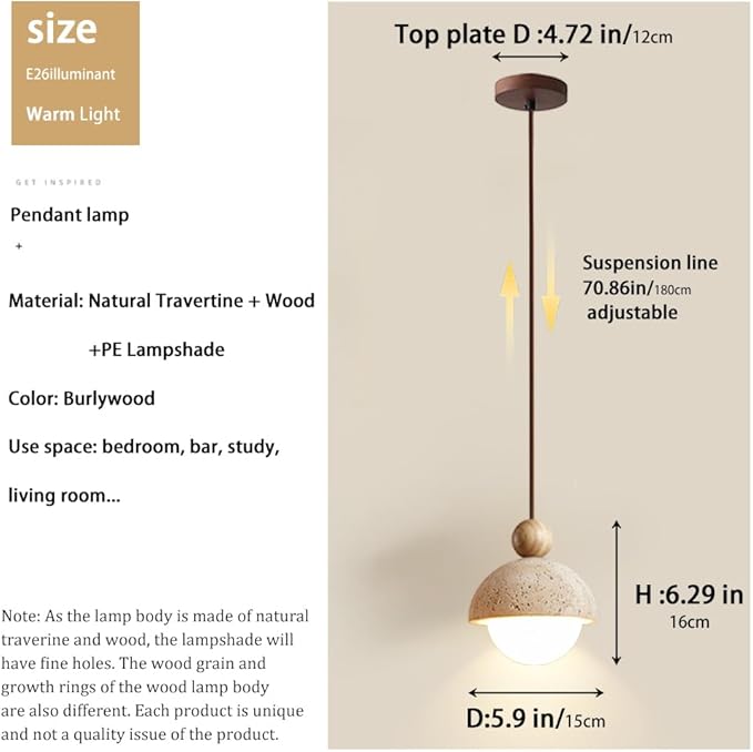 Spherical Wabi Sabi Pendant Light Natural Stone Retro Japanese Style Vintage Mini Wood Nordic Hanging Light Yellow Travertine Pendant Light Fixture for Kitchen Island Bedroom Hallway Bedside (3PCS)